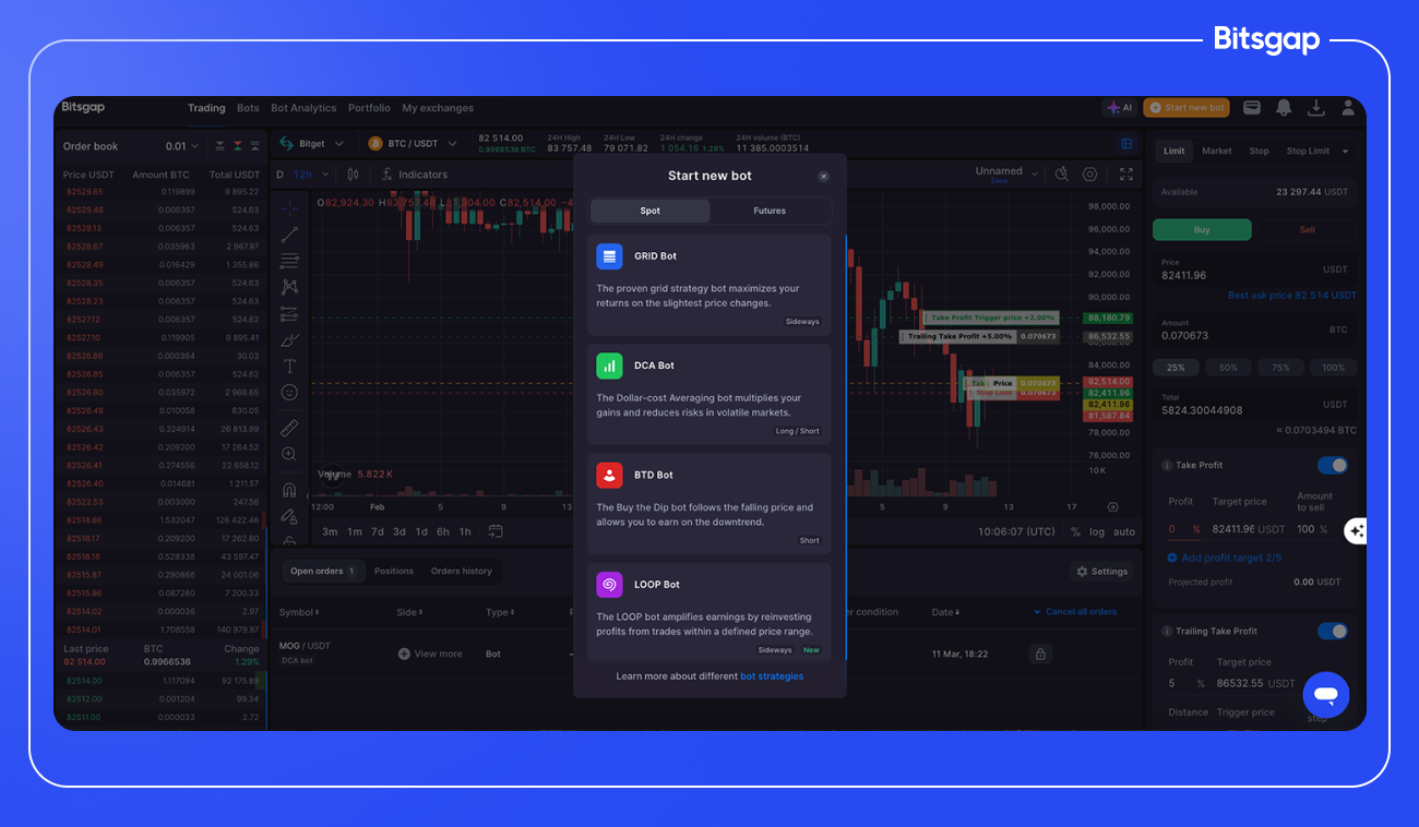 Cryptohopper and Pionex crypto trading bot dashboard