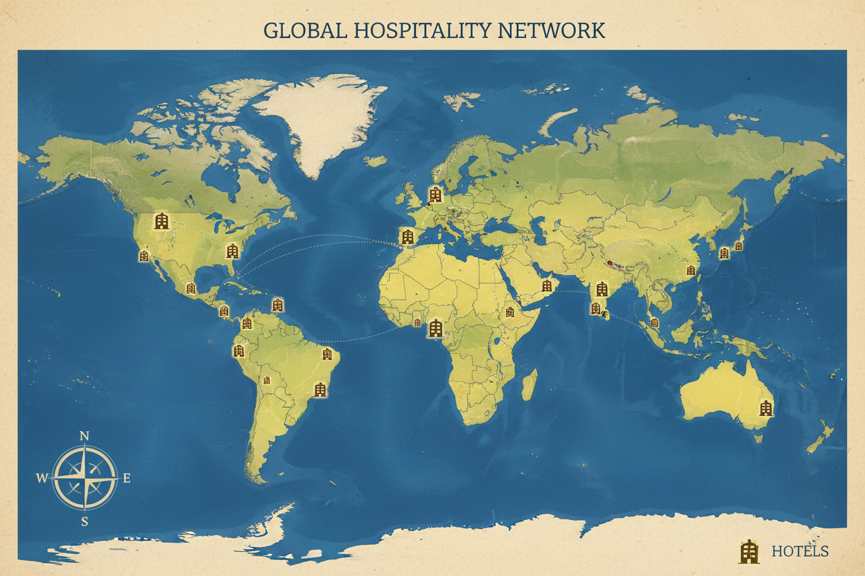 world map with hotels icons