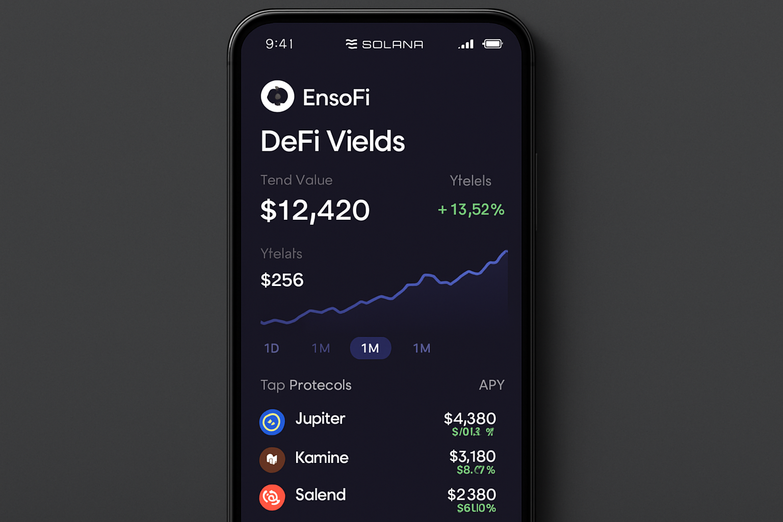 EnsoFi Mobile dashboard tracking DeFi yields on Solana Saga