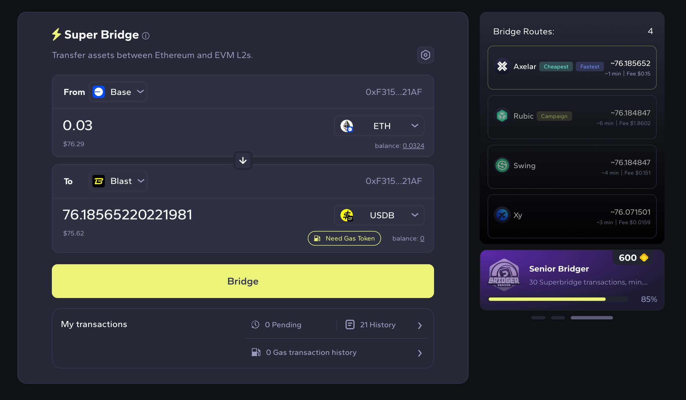 Base Bridge asset transfer interface