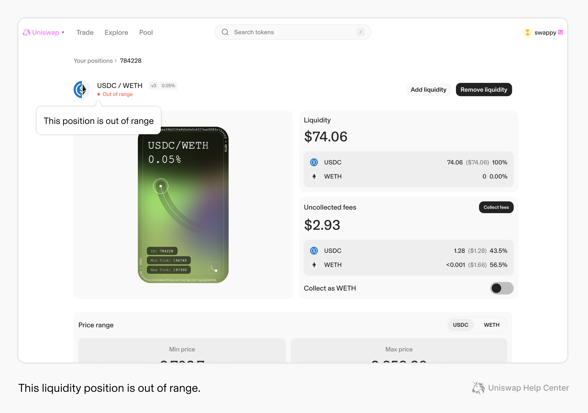 Uniswap v3 concentrated liquidity interface screenshot