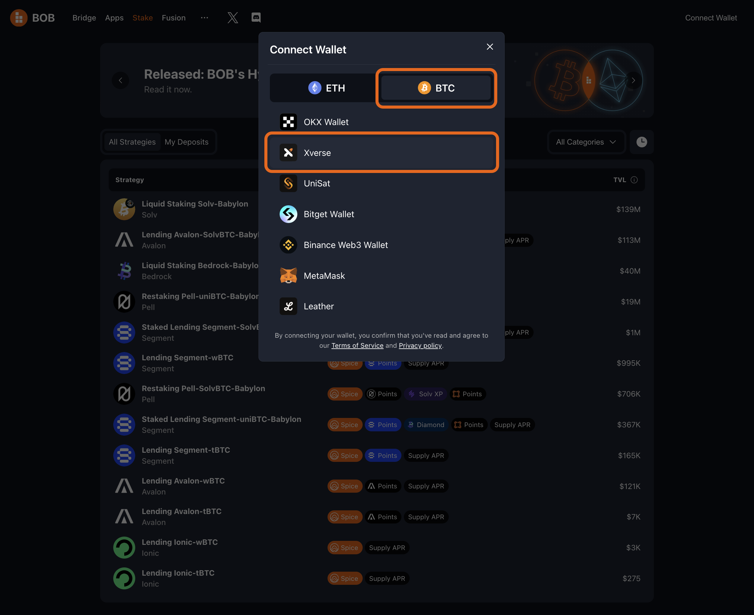 BOB Stake one-click BTC staking dashboard