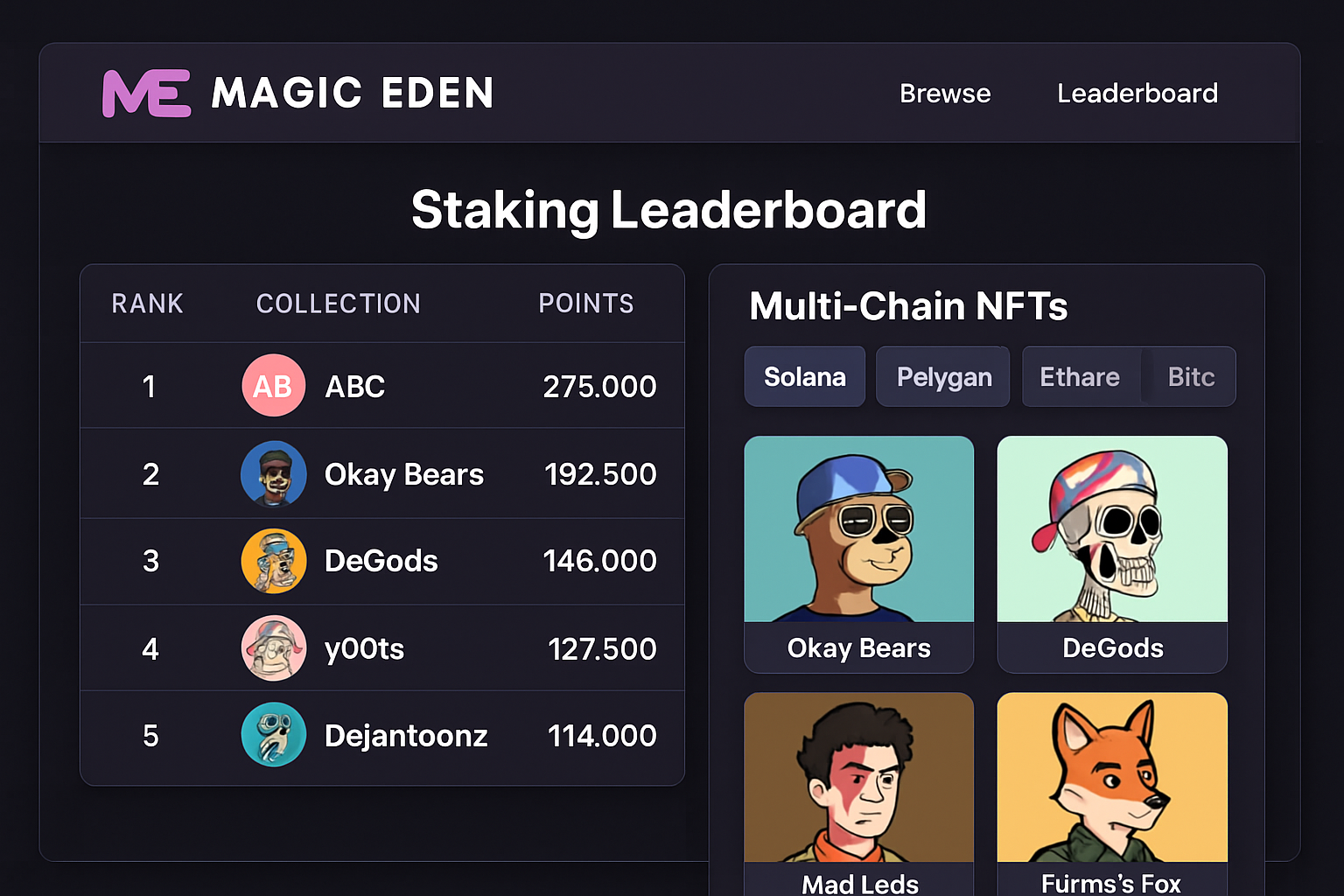 Magic Eden staking leaderboard and multi-chain NFT interface