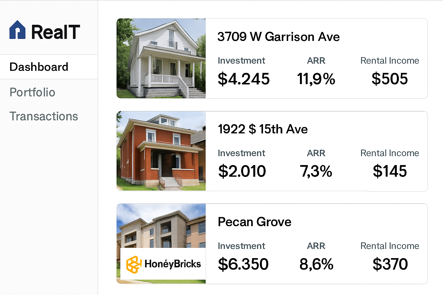 RealT, Lofty, HoneyBricks platform dashboard screenshot