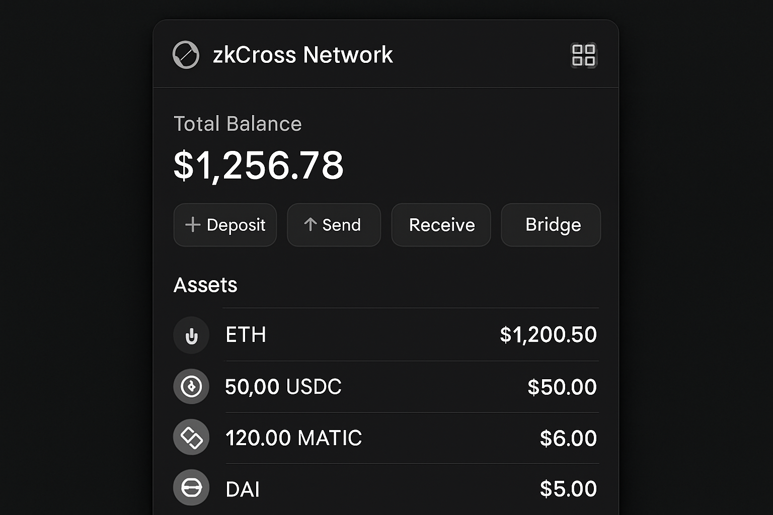 zkCross Network wallet interface screenshot