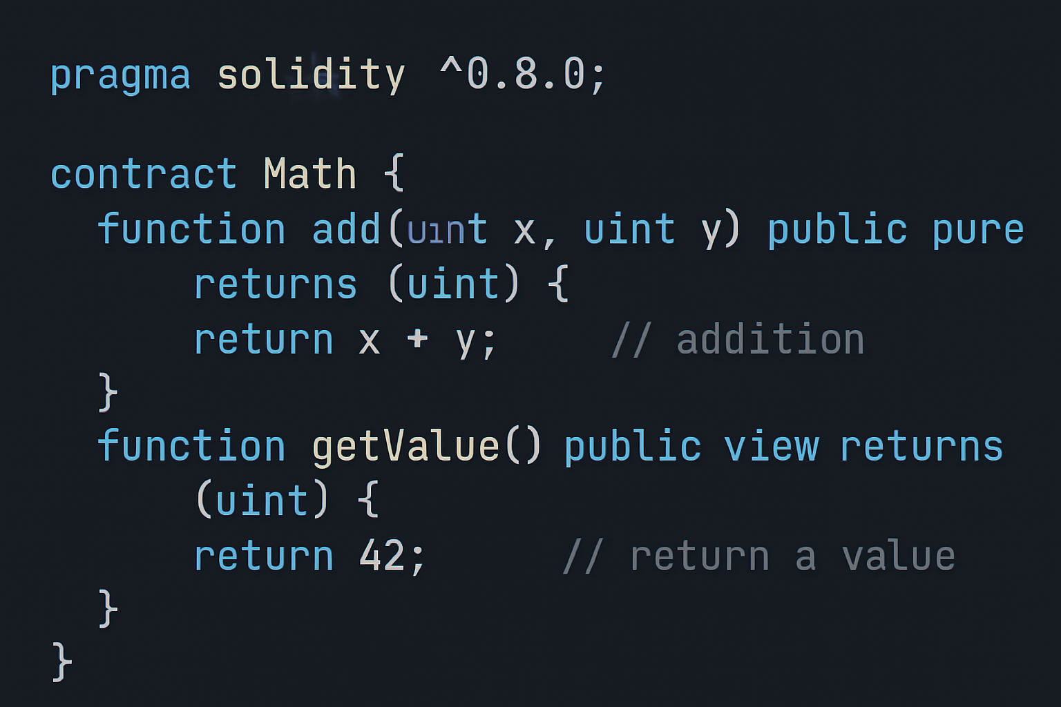 Solidity pure and view functions code example