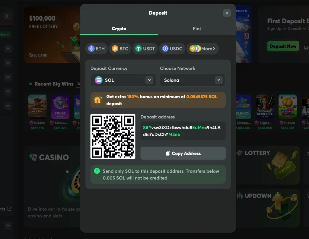 Solana Crash game CoinCasino 2025 screenshot