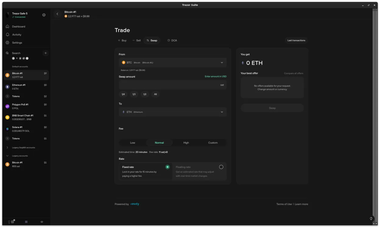 Trezor Suite swap fixed floating rate options