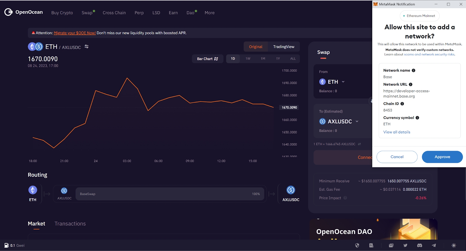 BaseSwap Base blockchain interface screenshot