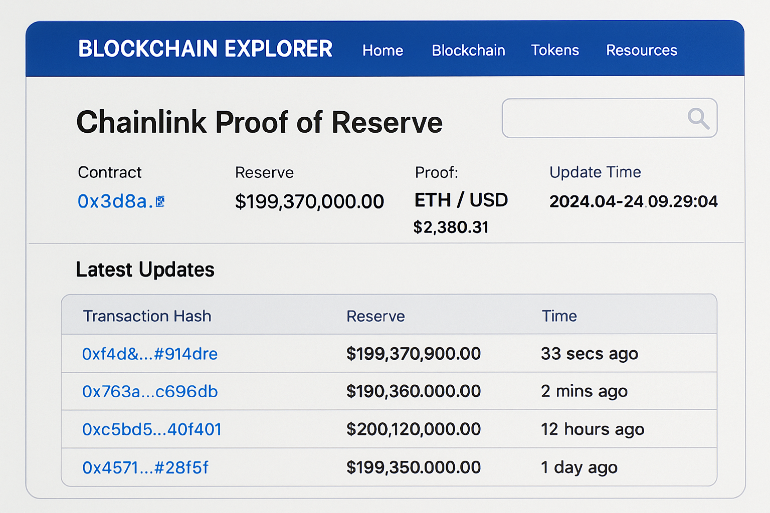 blockchain explorer showing Chainlink Proof of Reserve data