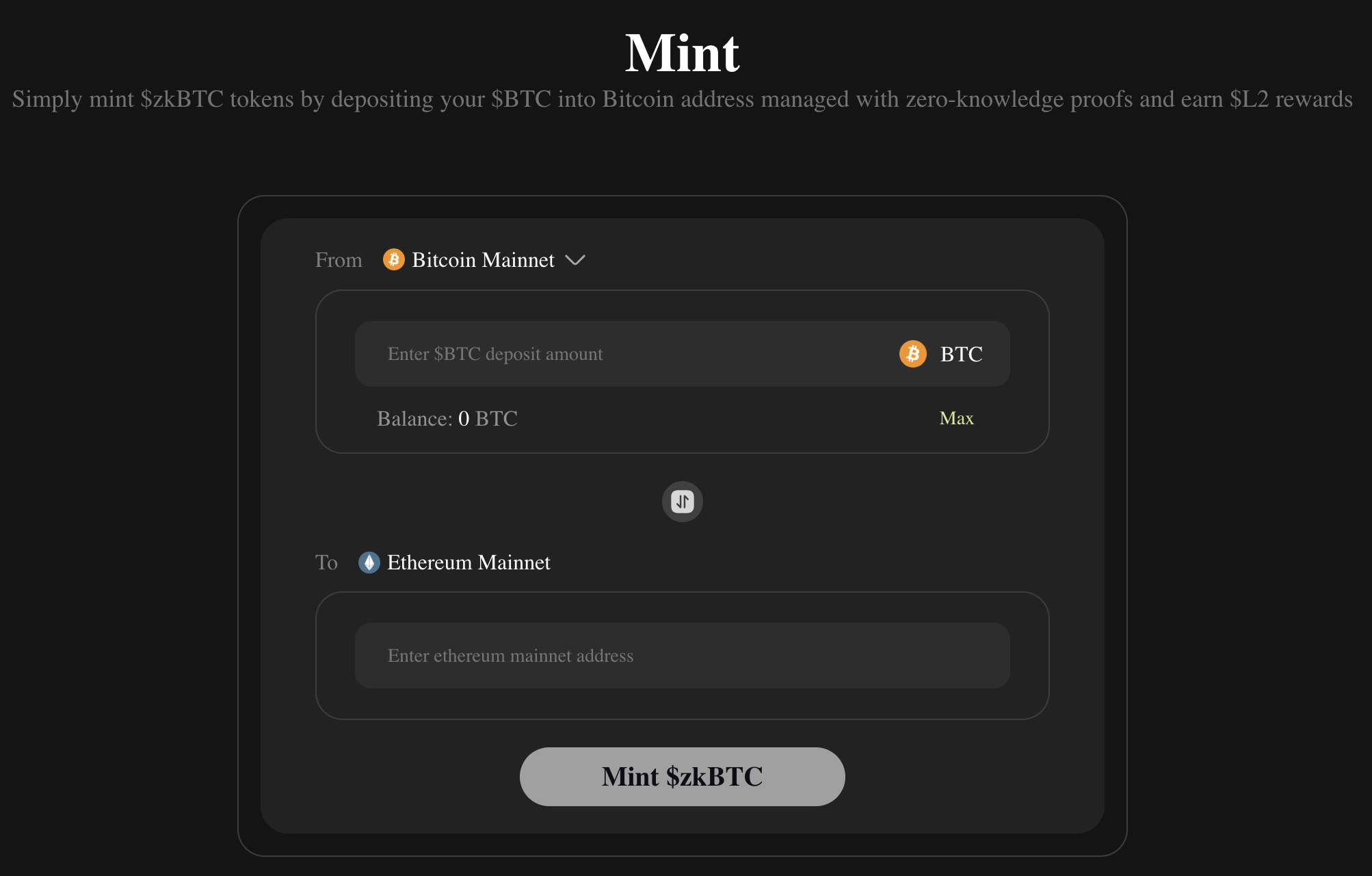 zkBTC DeFi protocols interface screenshot