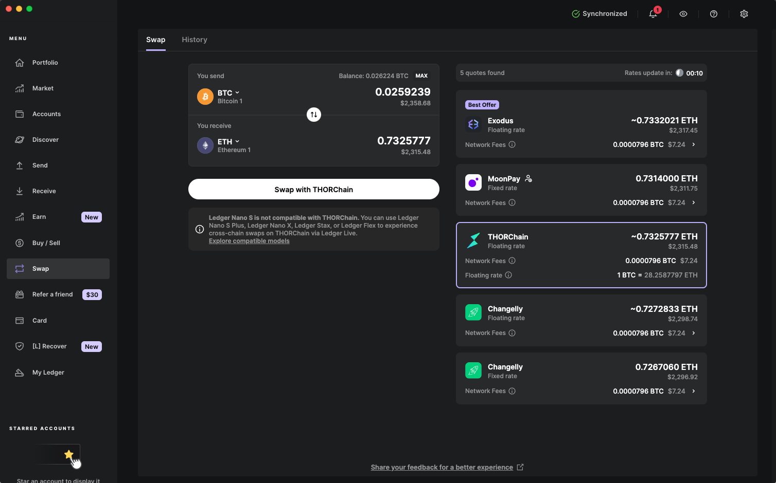 Ledger Live app swap process