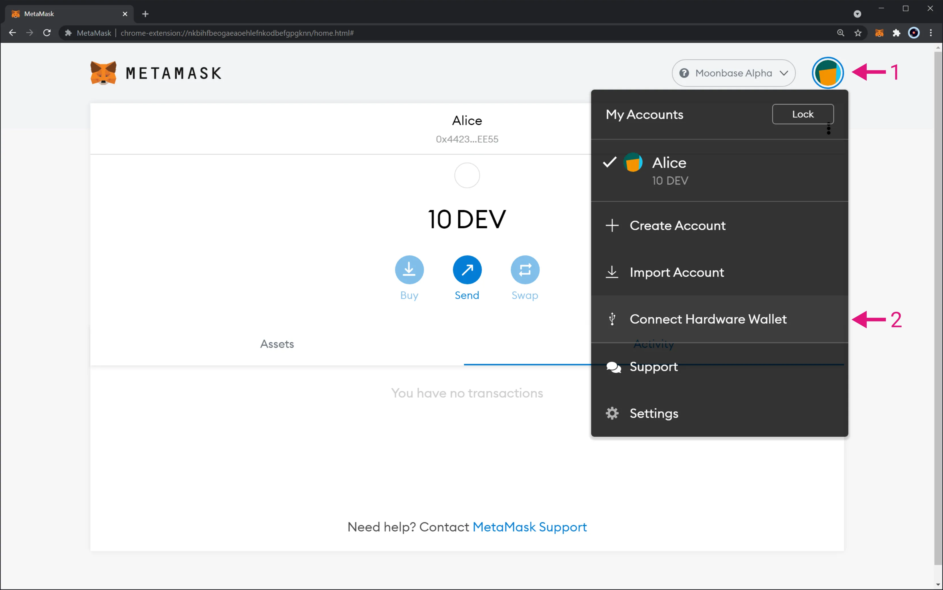 MetaMask and Trezor wallet interface