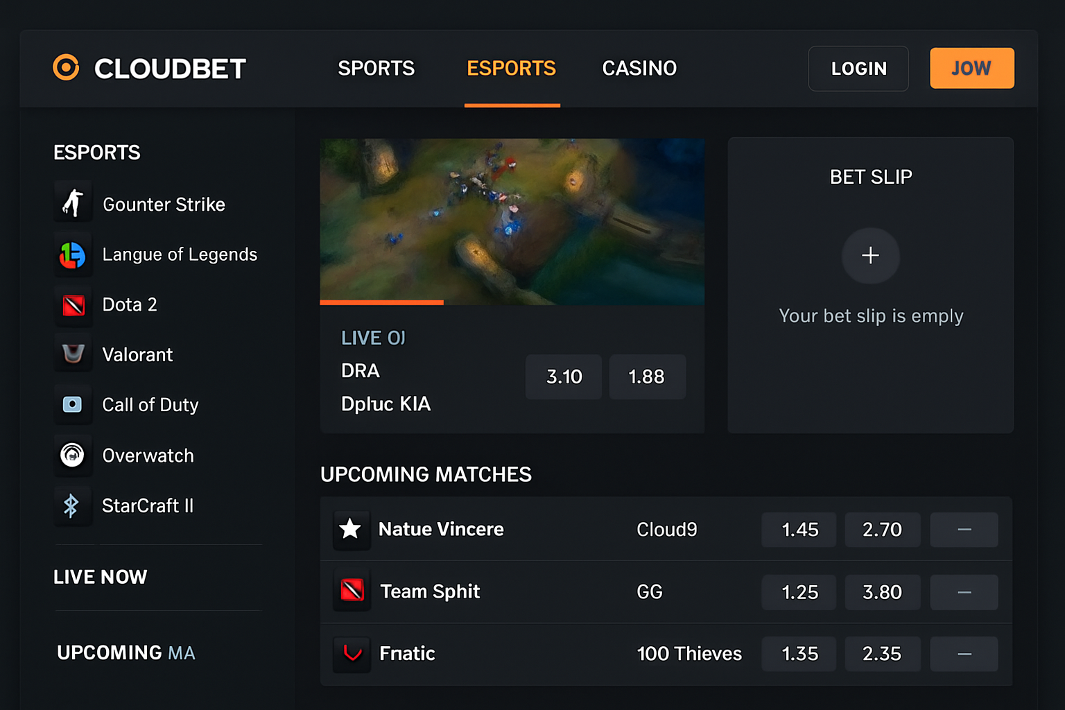 Cloudbet esports betting interface