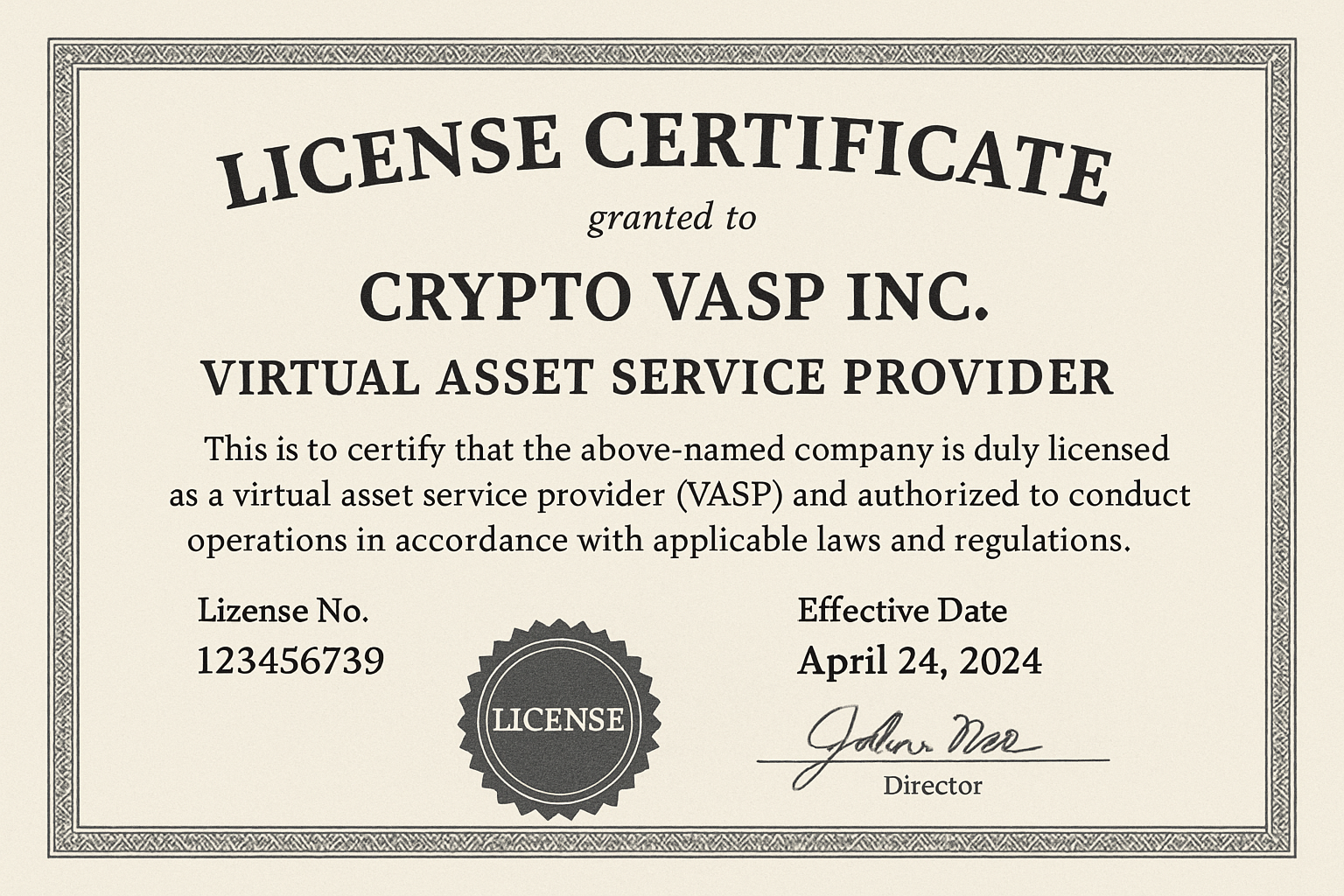 crypto VASP license certificate