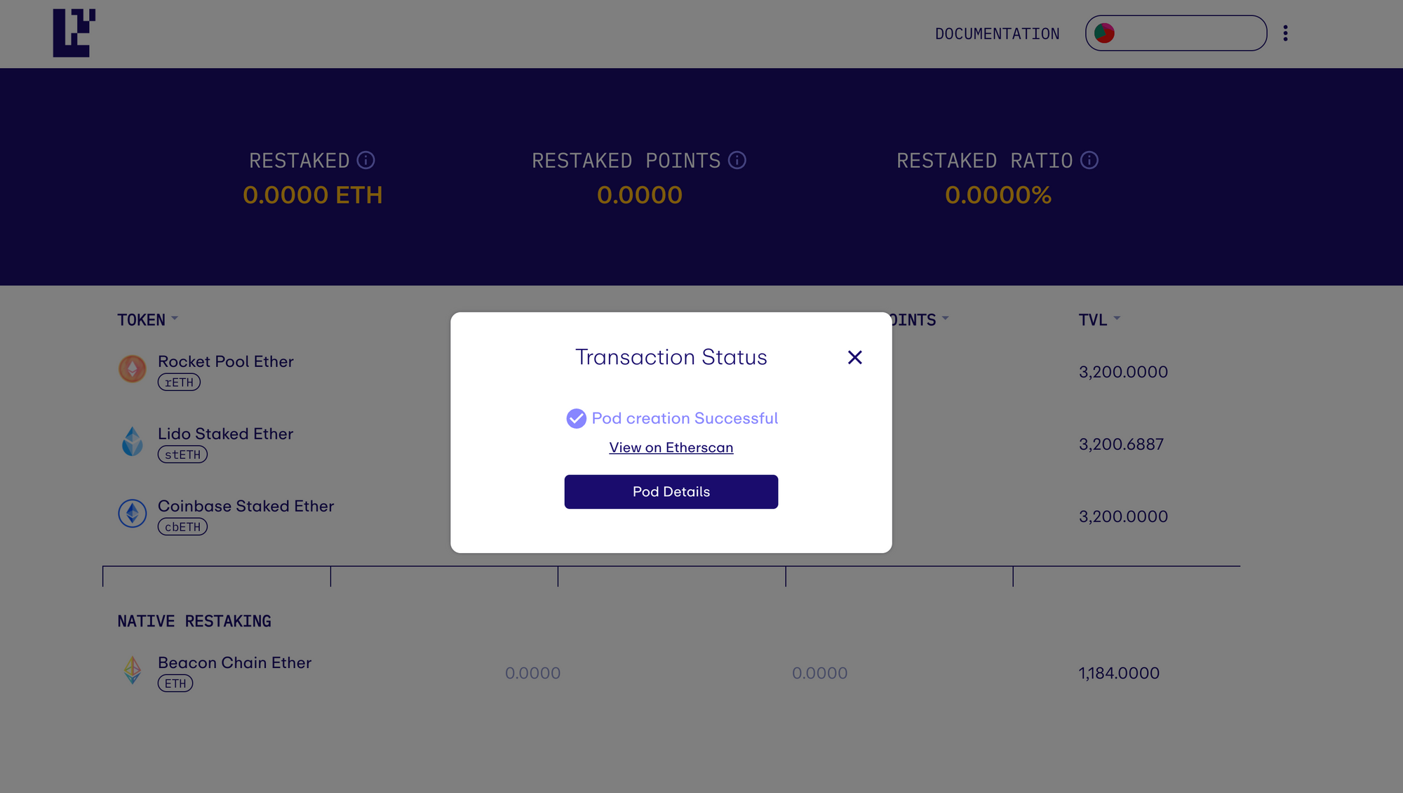 EigenLayer restaking dashboard with stETH and rETH
