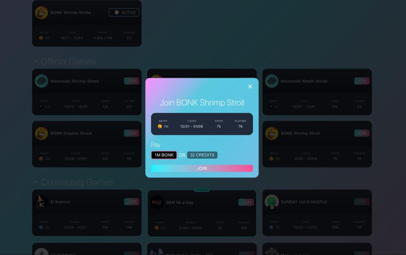 Moonwalk Fitness staking Solana BONK tokens