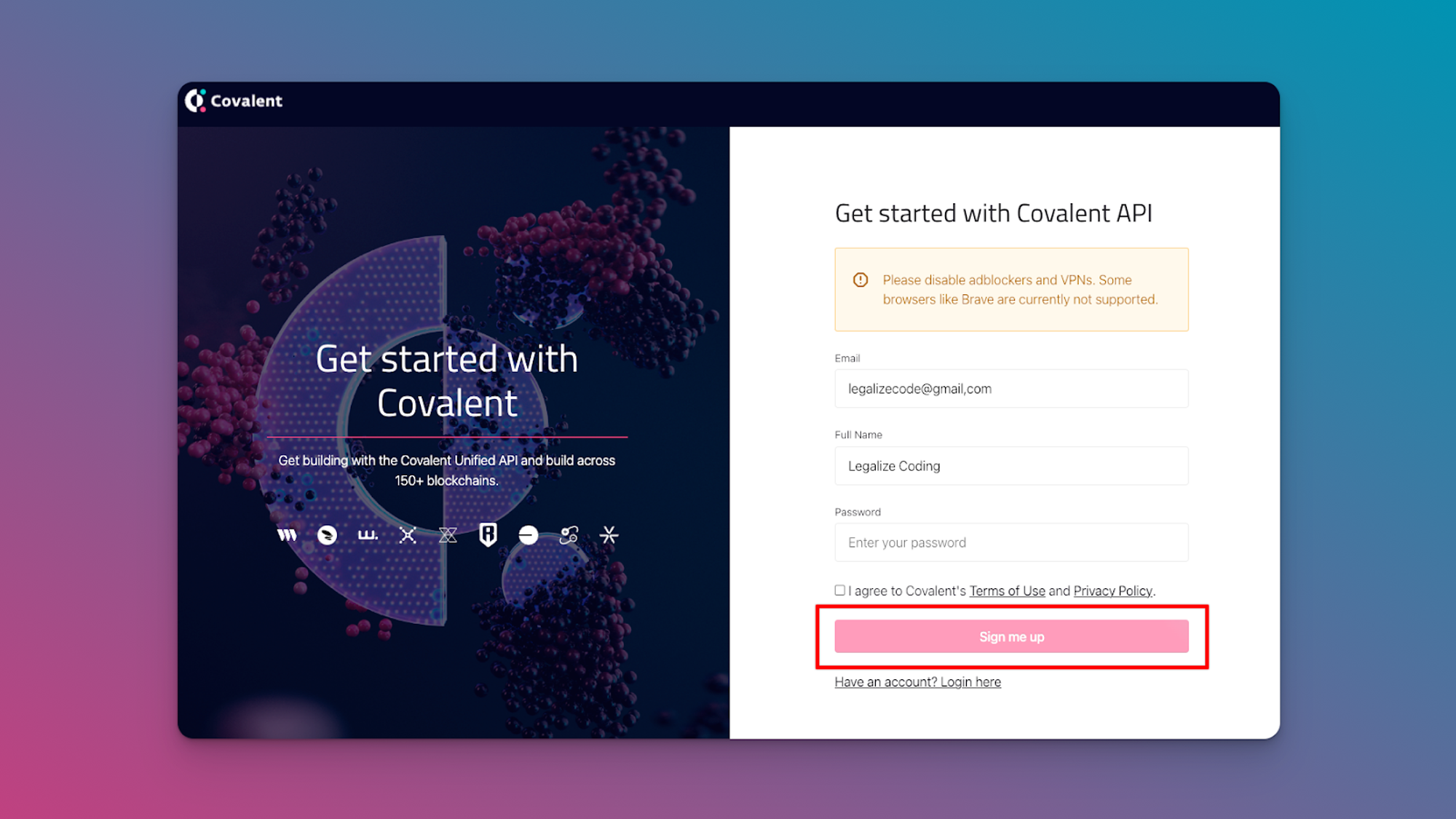 Covalent GoldRush API developer dashboard screenshot
