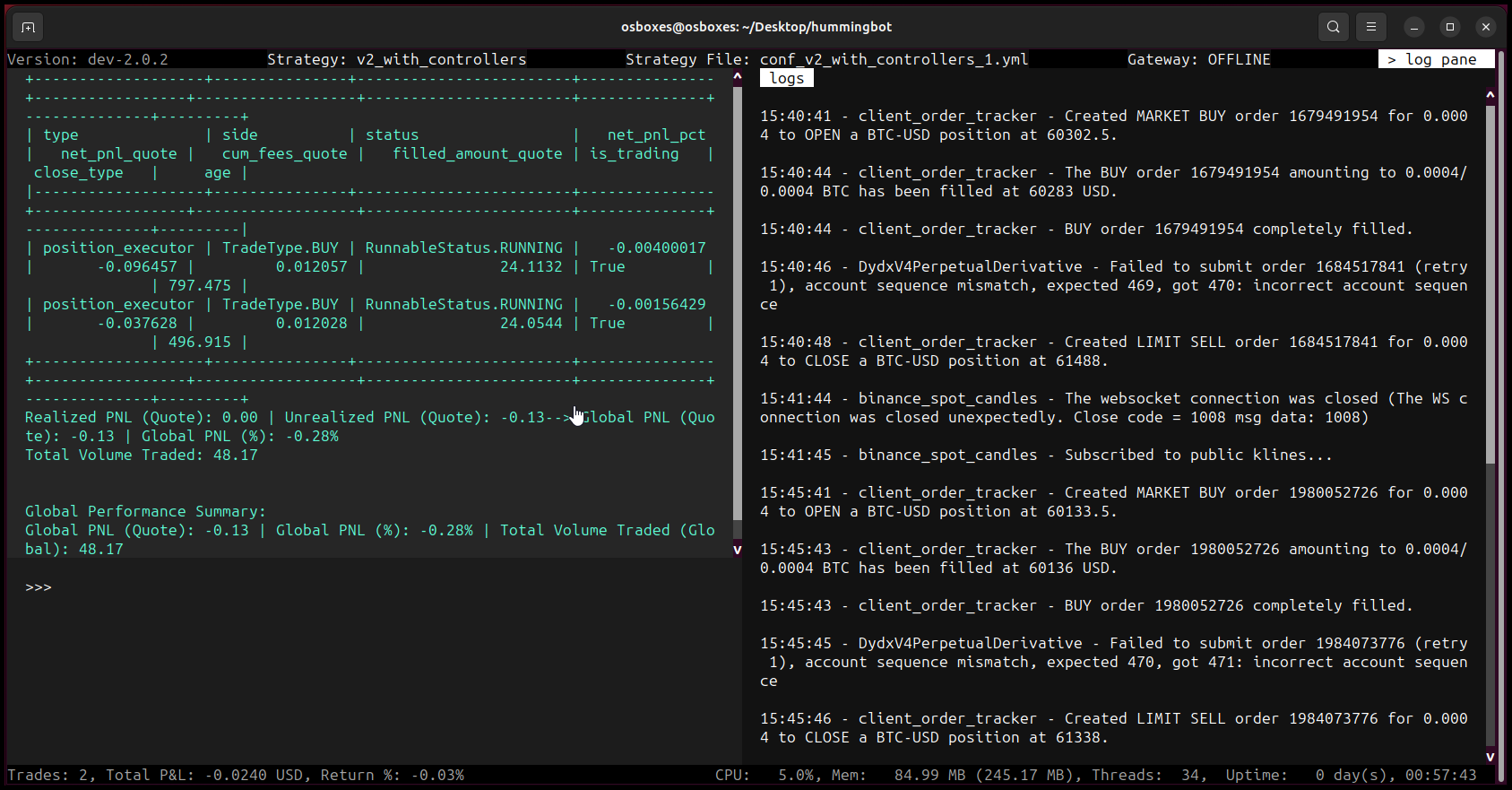 Hummingbot crypto trading bot interface screenshot
