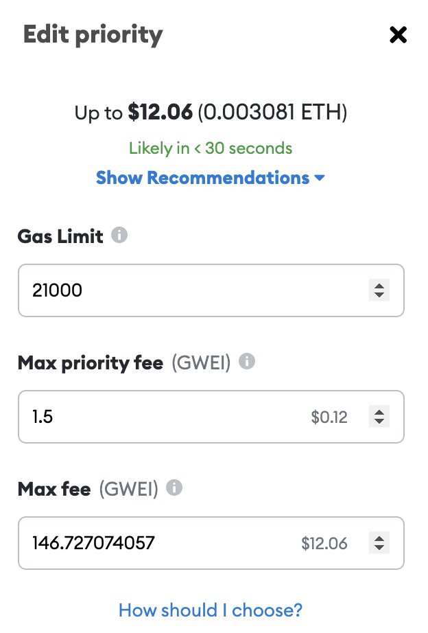 MetaMask gas fee interface