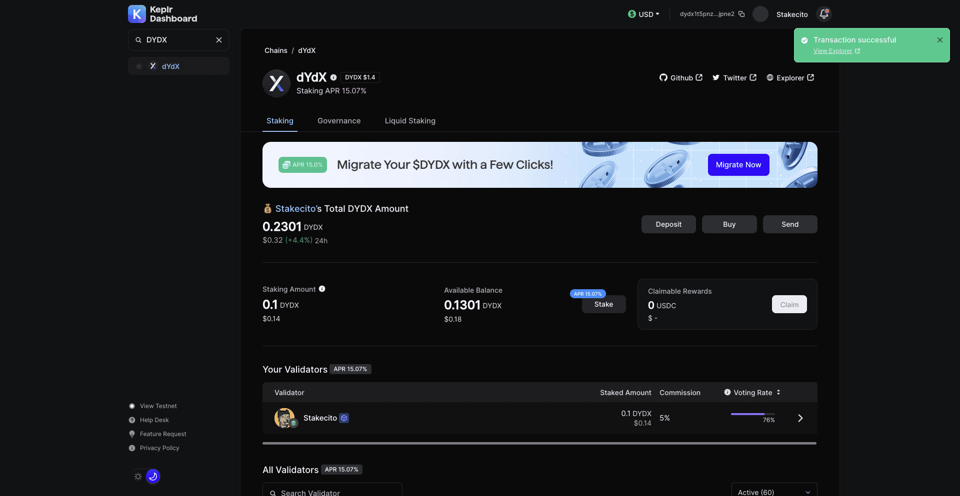 dYdX staking dashboard and fee distribution