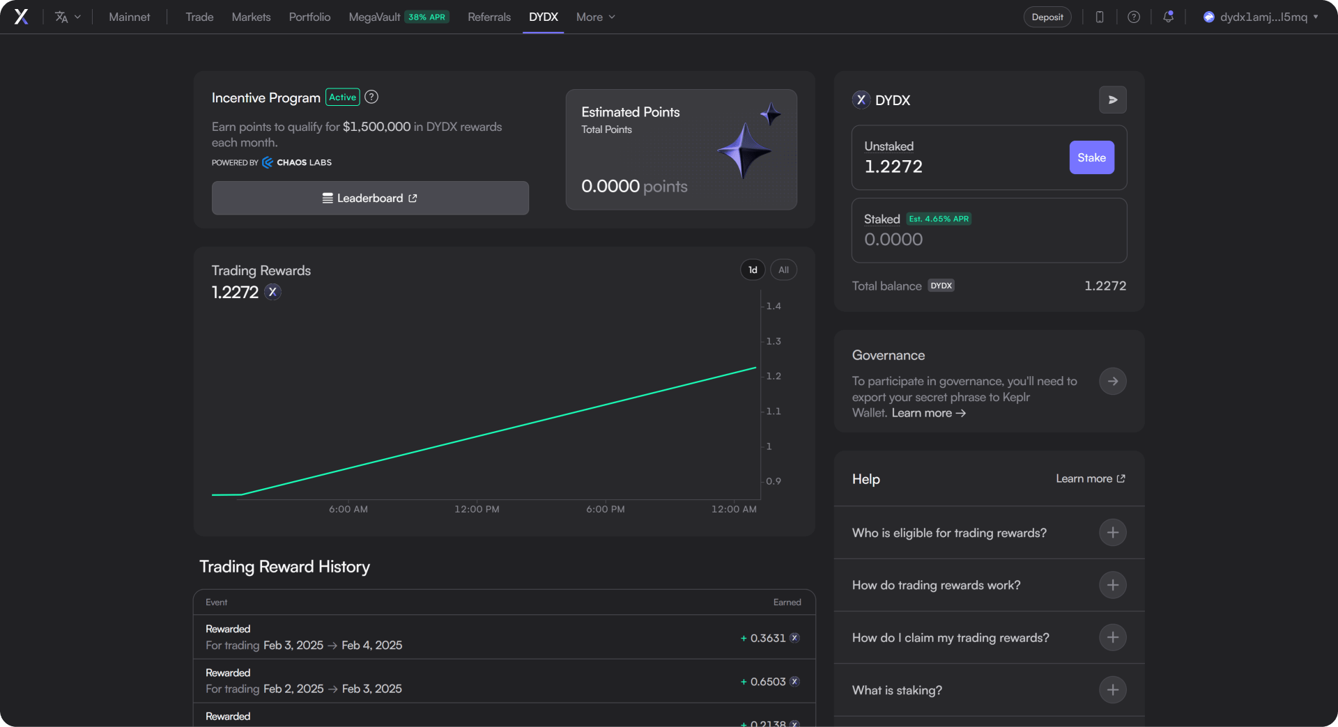 dYdX staking rewards and fee distribution