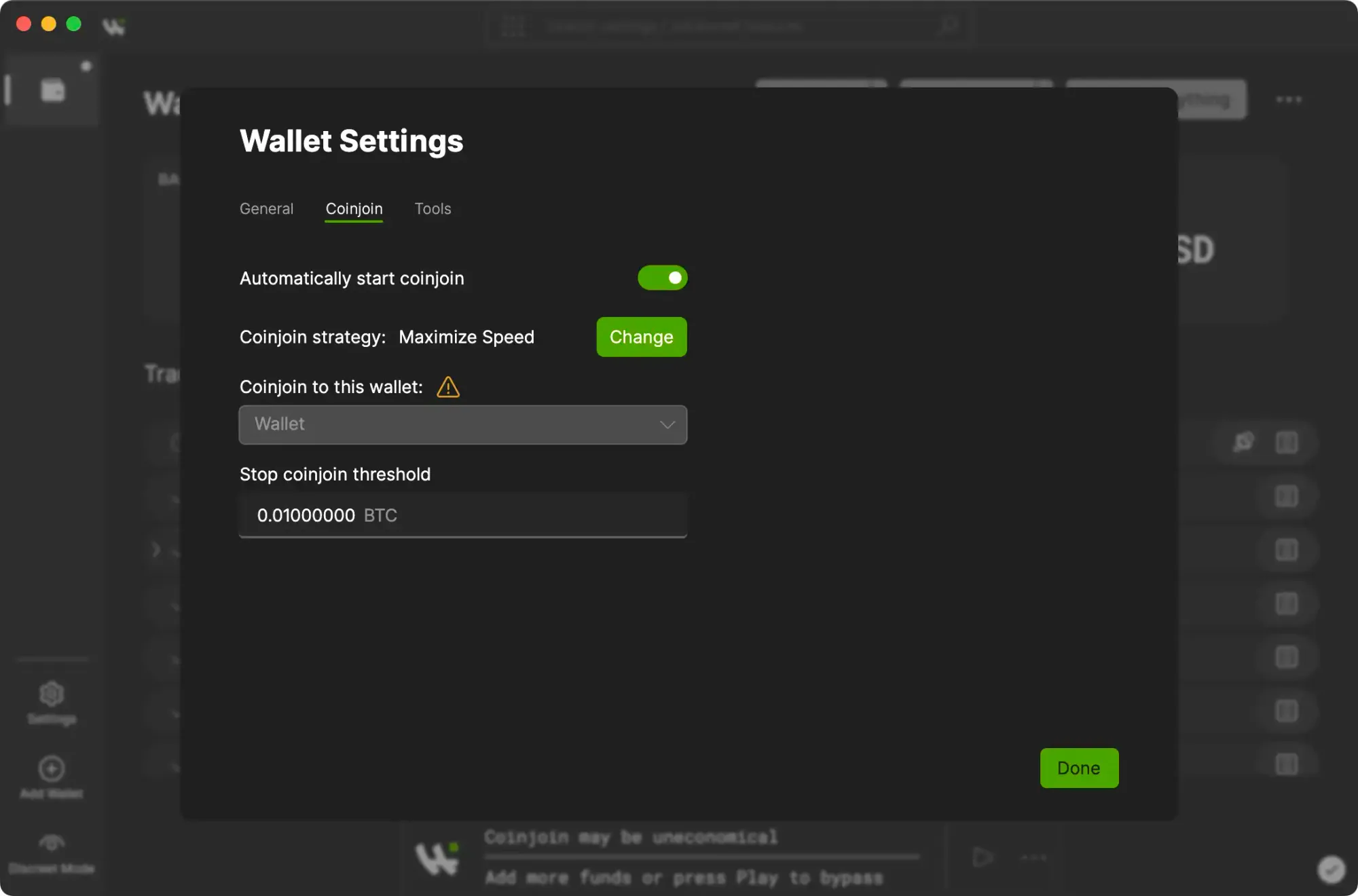 Wasabi Wallet CoinJoin privacy mixer