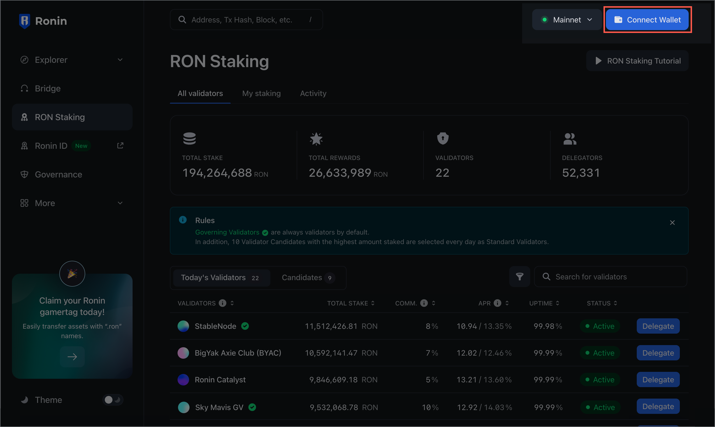Ronin Delegated Proof of Stake validators