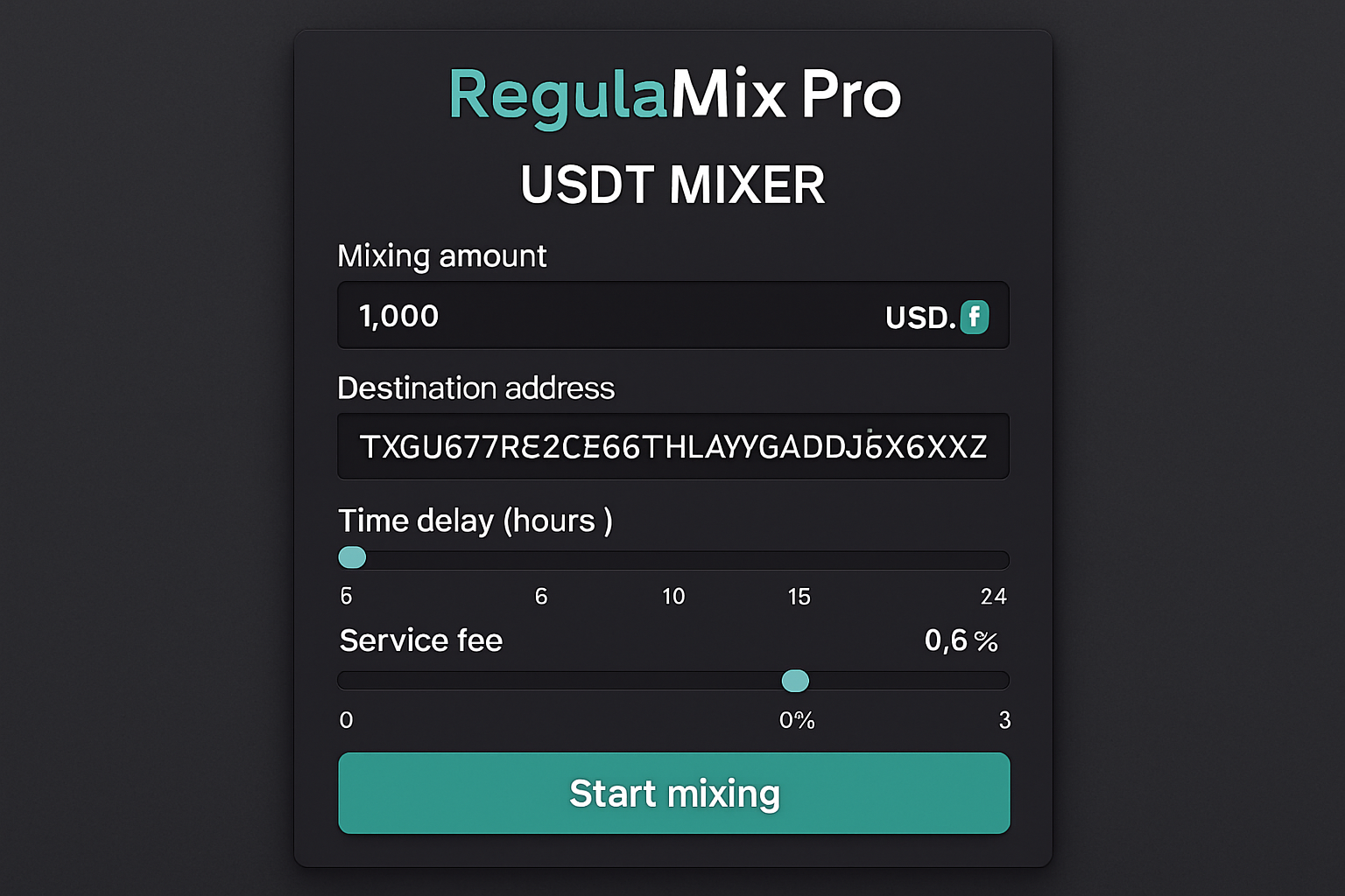 RegulaMix Pro USDT mixer interface
