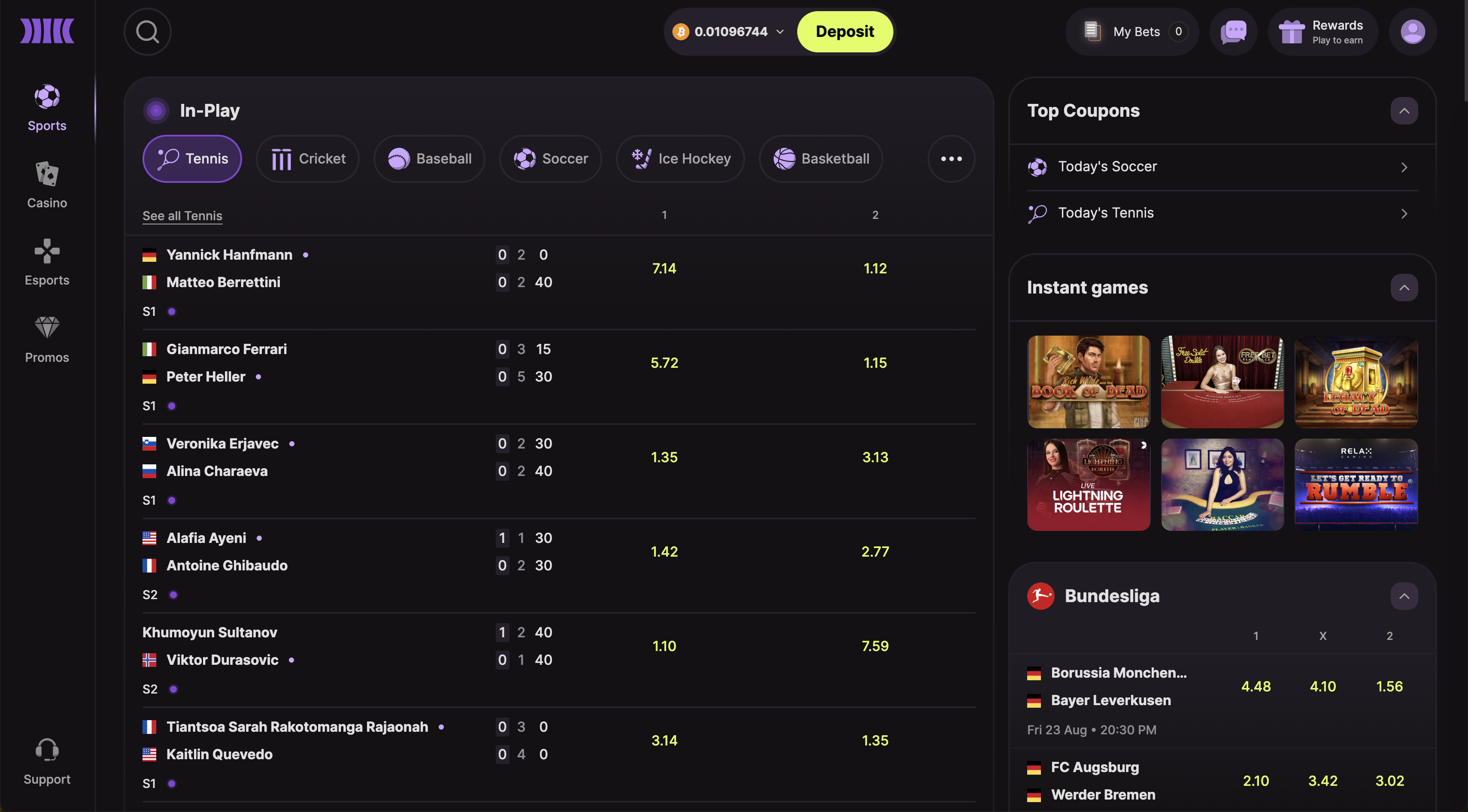 Cloudbet esports betting interface