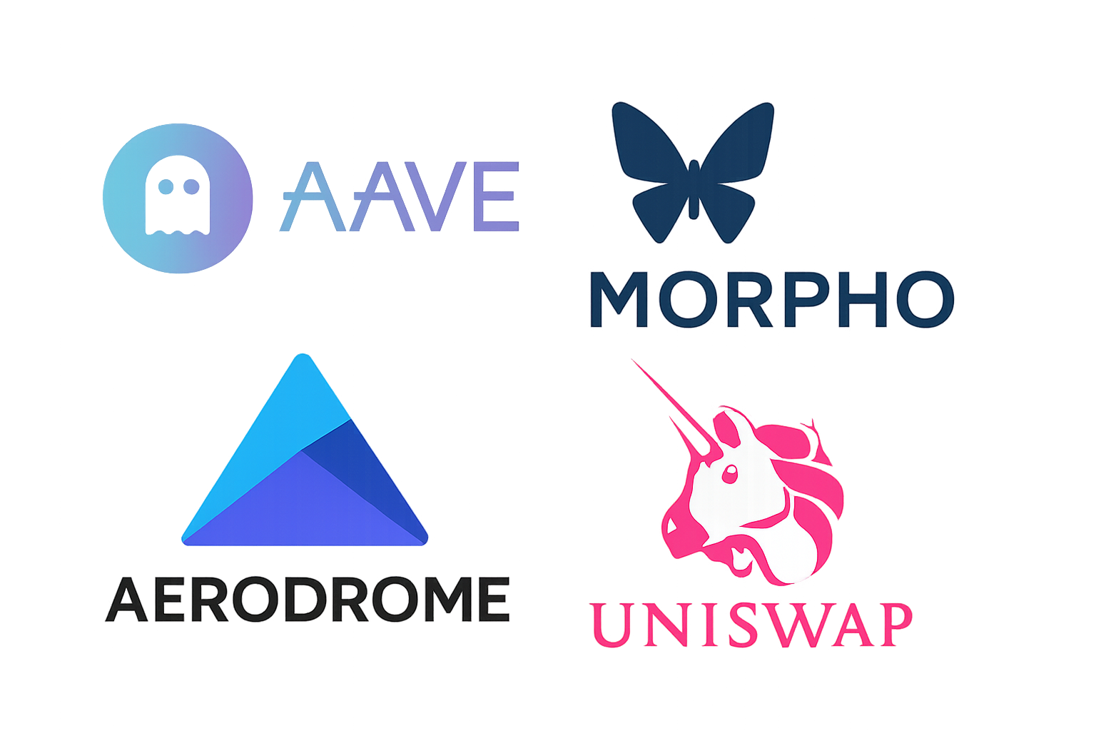 Aave, Morpho, Aerodrome, Uniswap logos