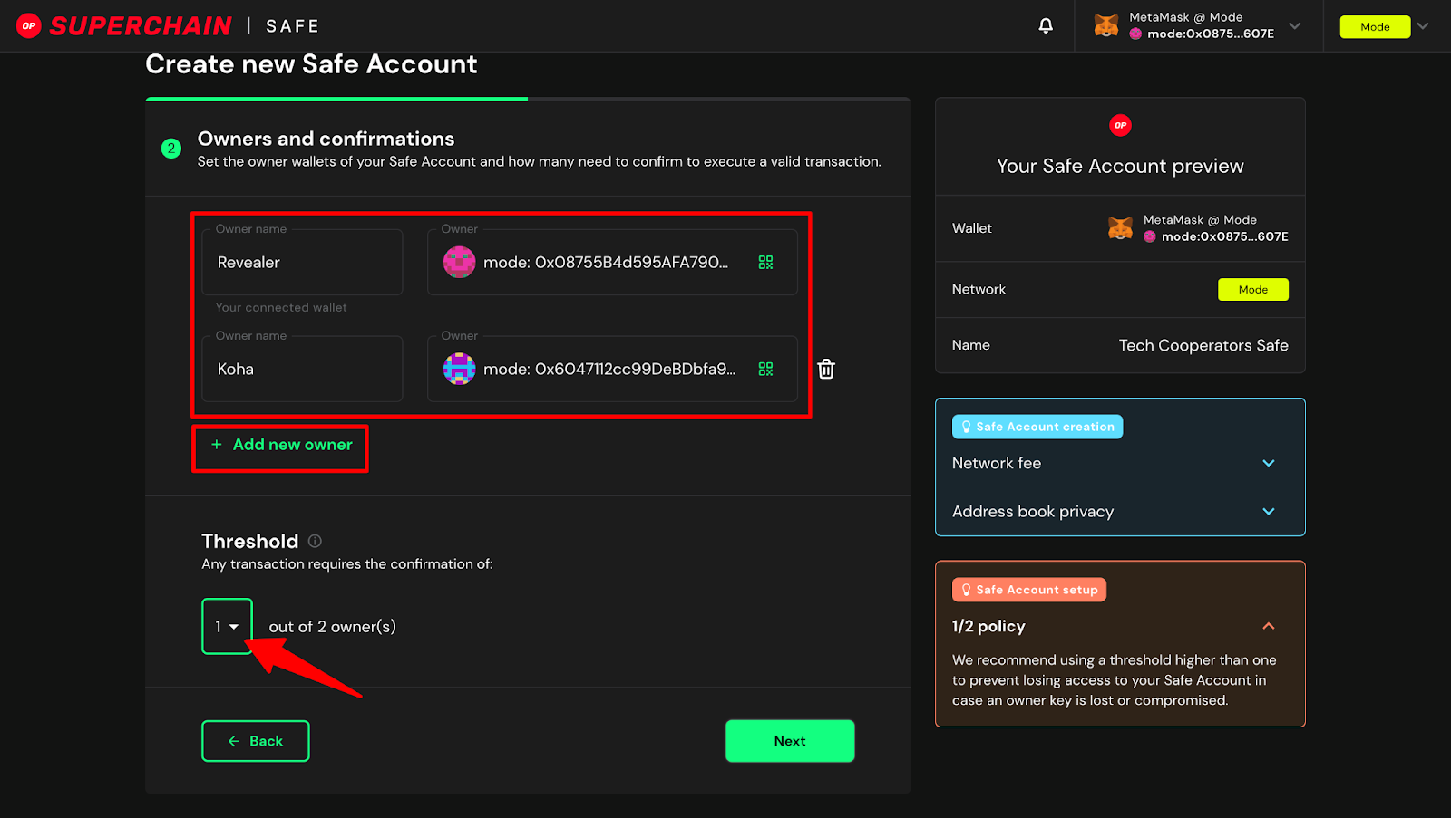 Safe multisig wallet 3-of-5 threshold interface