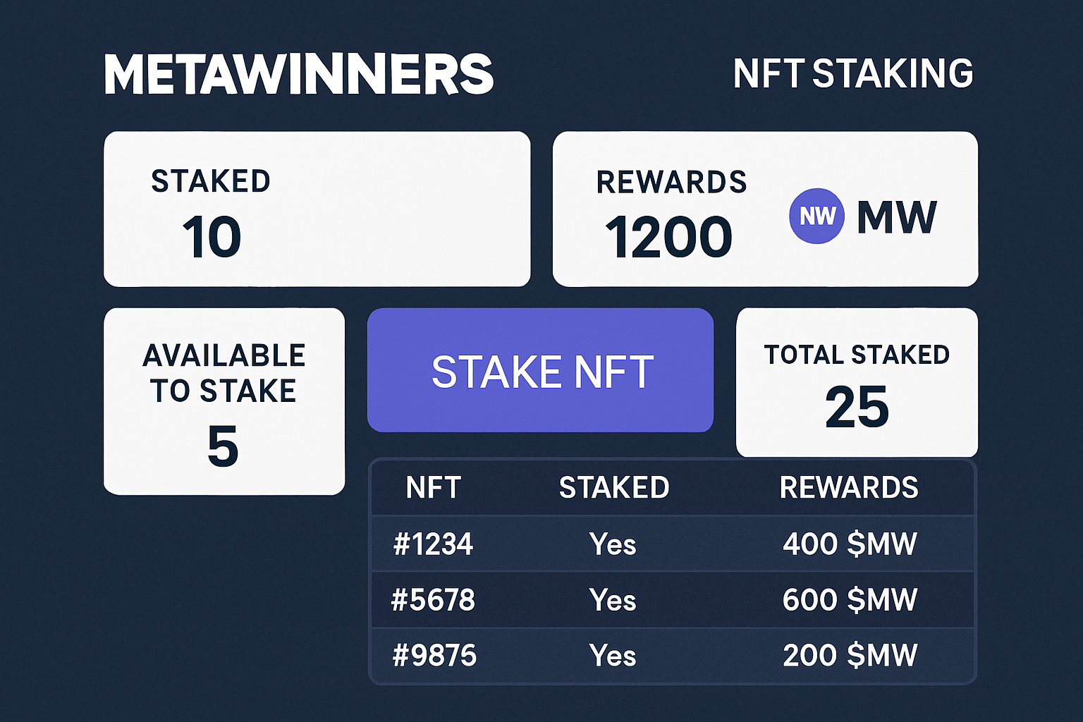 MetaWinners NFT staking dashboard