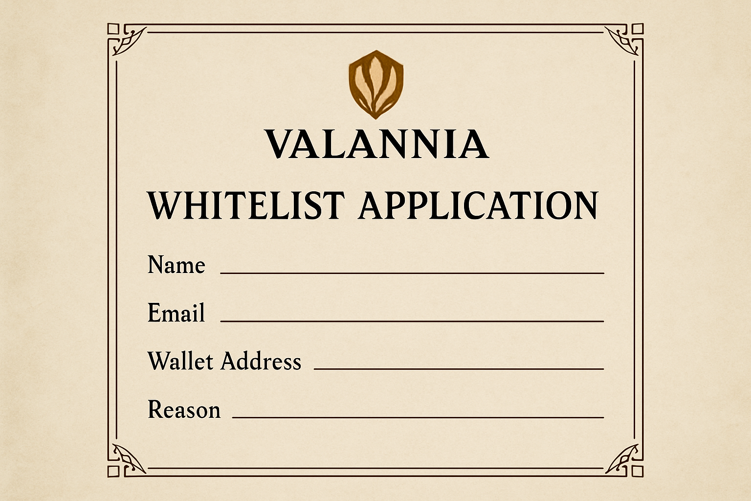 Valannia whitelist application page