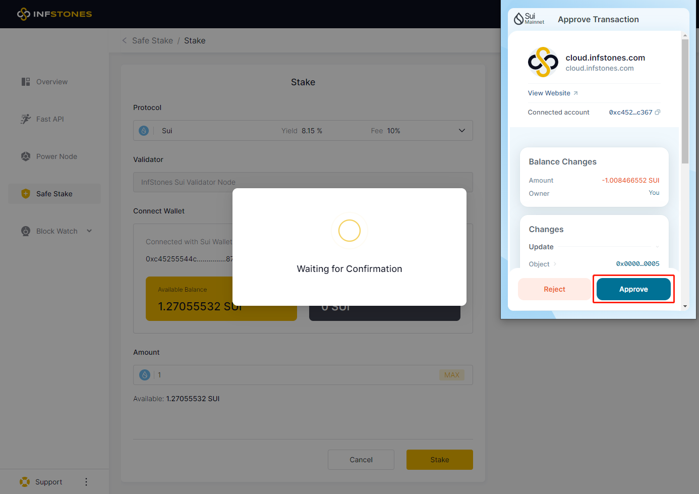 Sui staking dashboard showing compounding rewards