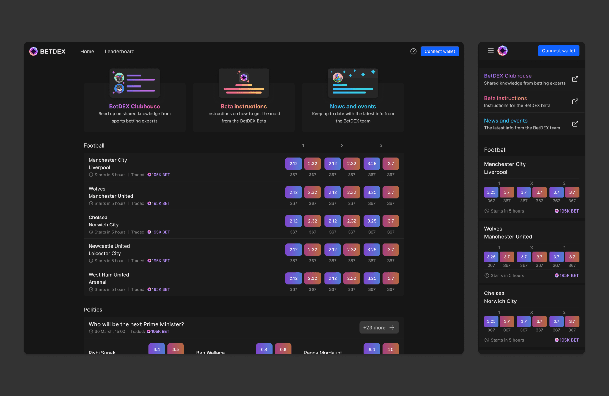 BetDEX Exchange Solana sports betting interface