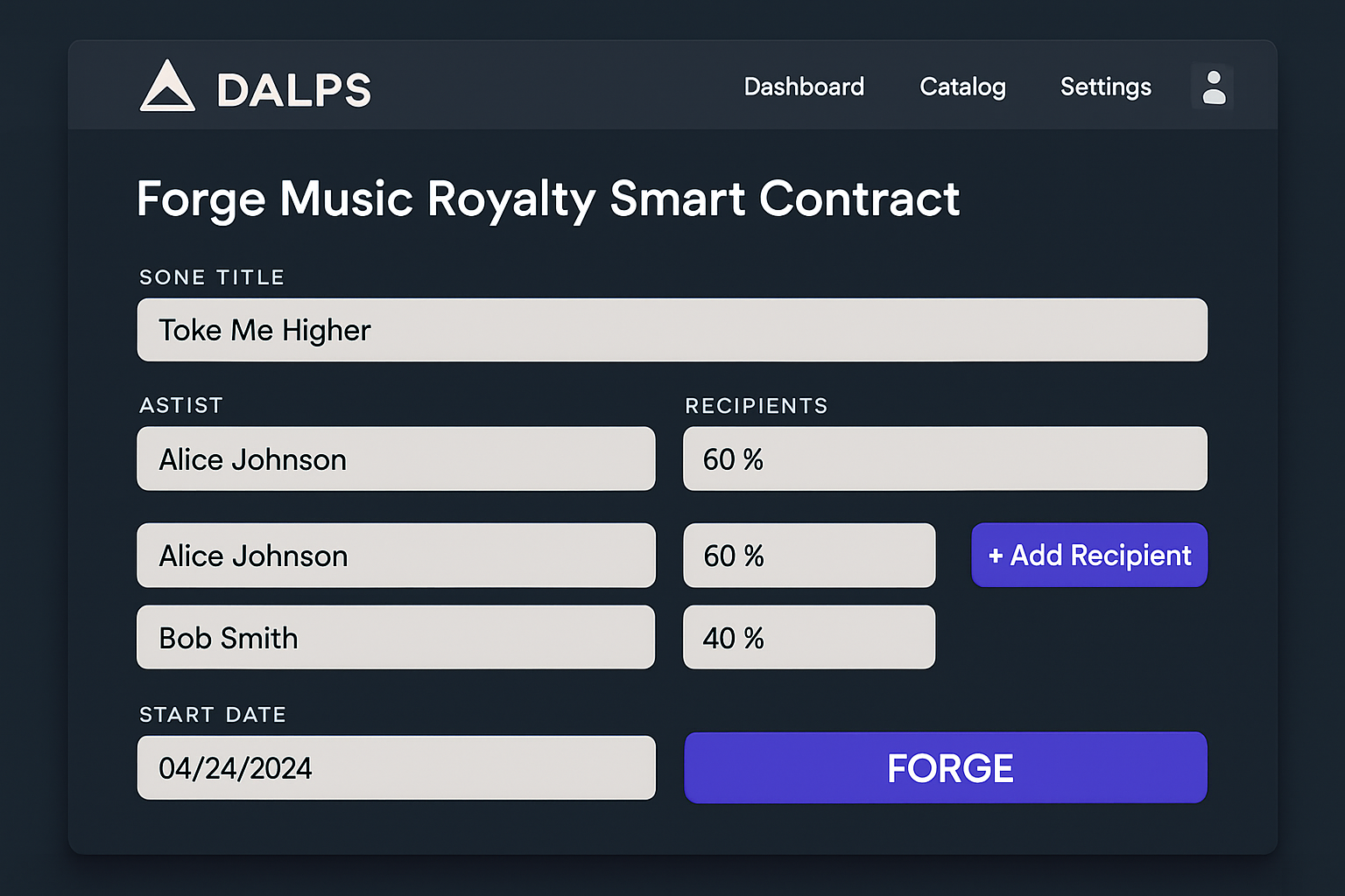 DALPS Forge music royalty smart contracts interface