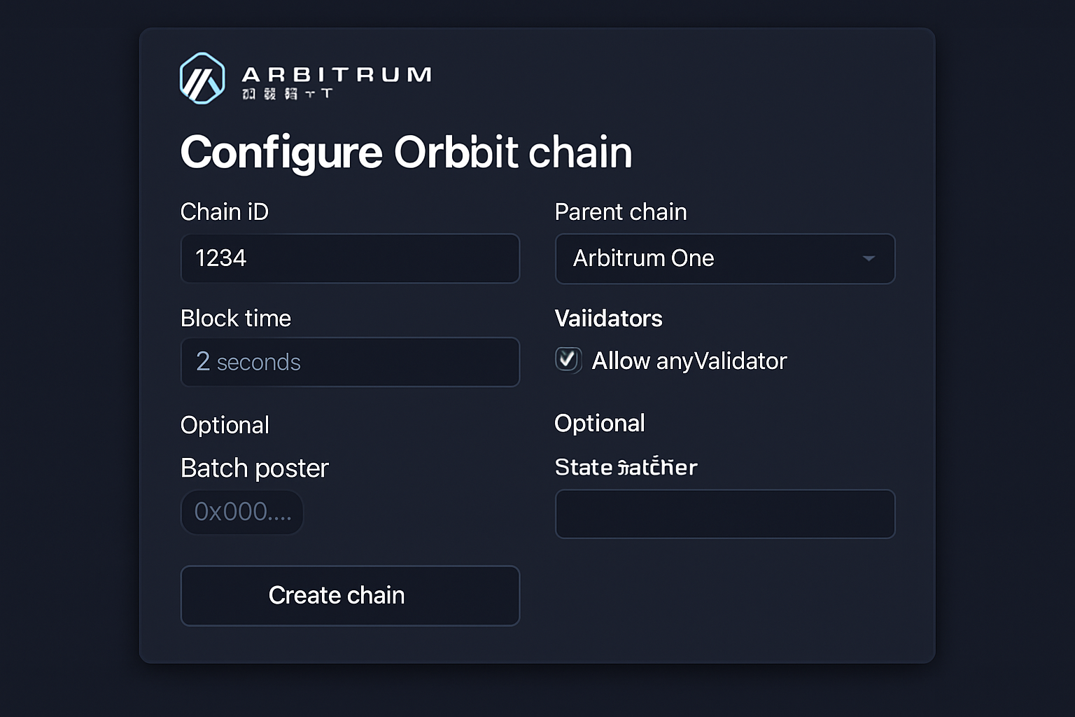 Arbitrum Orbit configuration interface