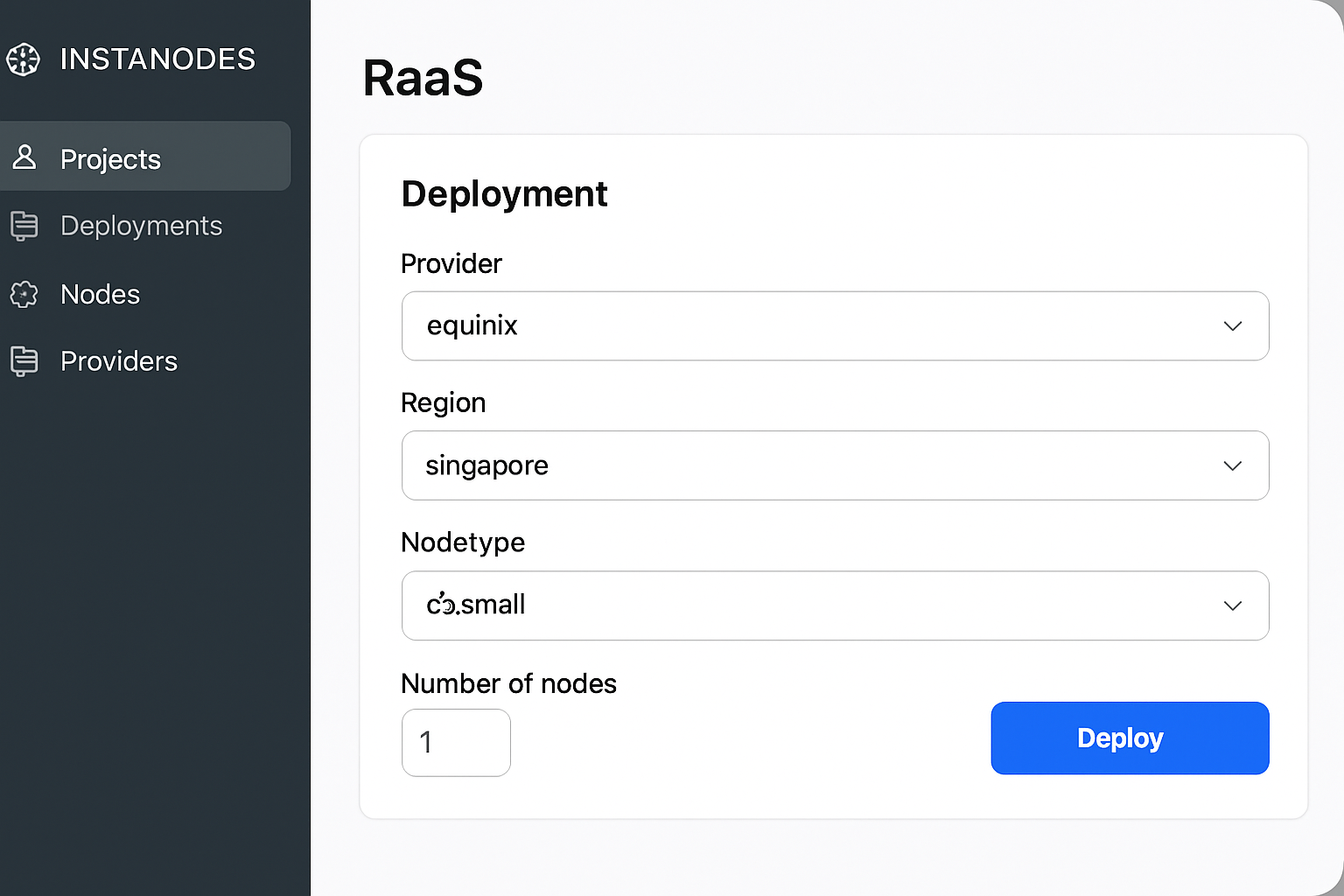 Instanodes RaaS deployment tool screenshot