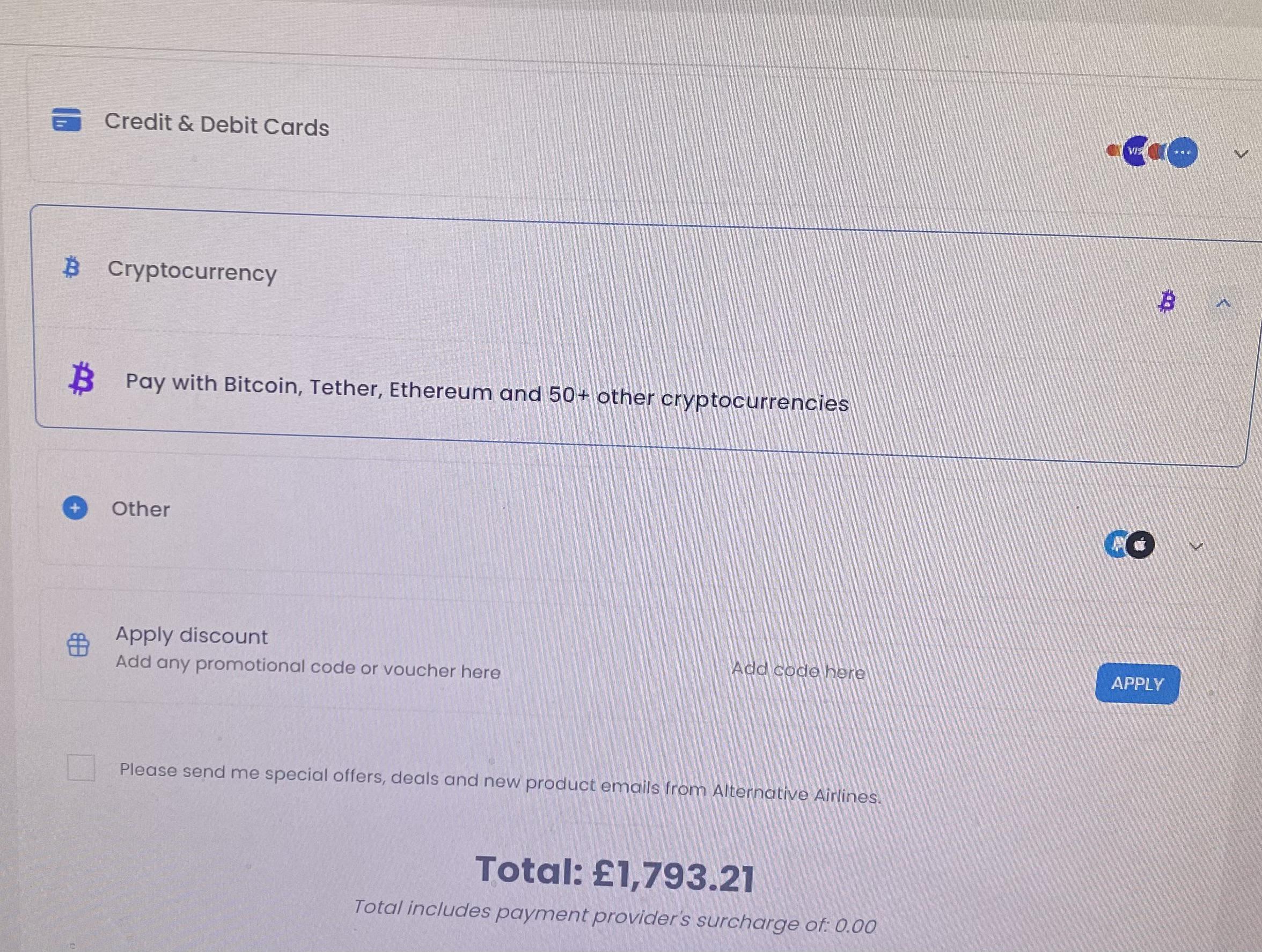 Alternative Airlines crypto payment