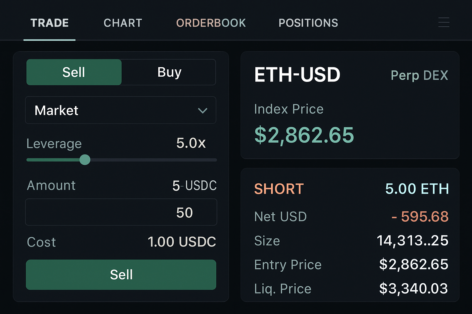 Perp DEX leverage trading screen