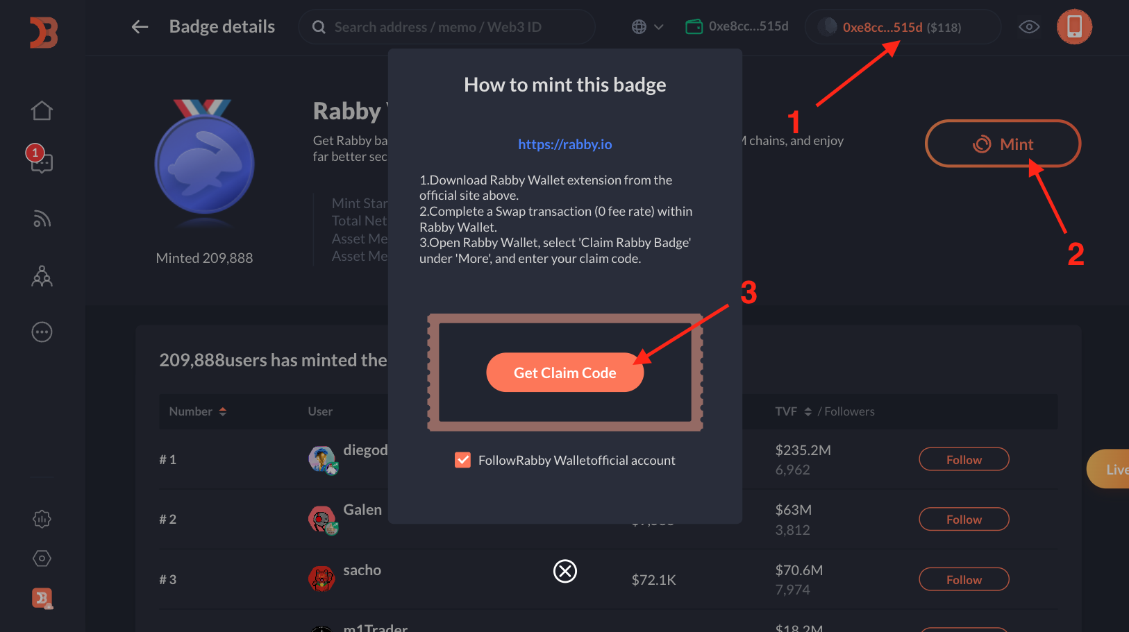 Rabby Wallet privacy mode interface screenshot