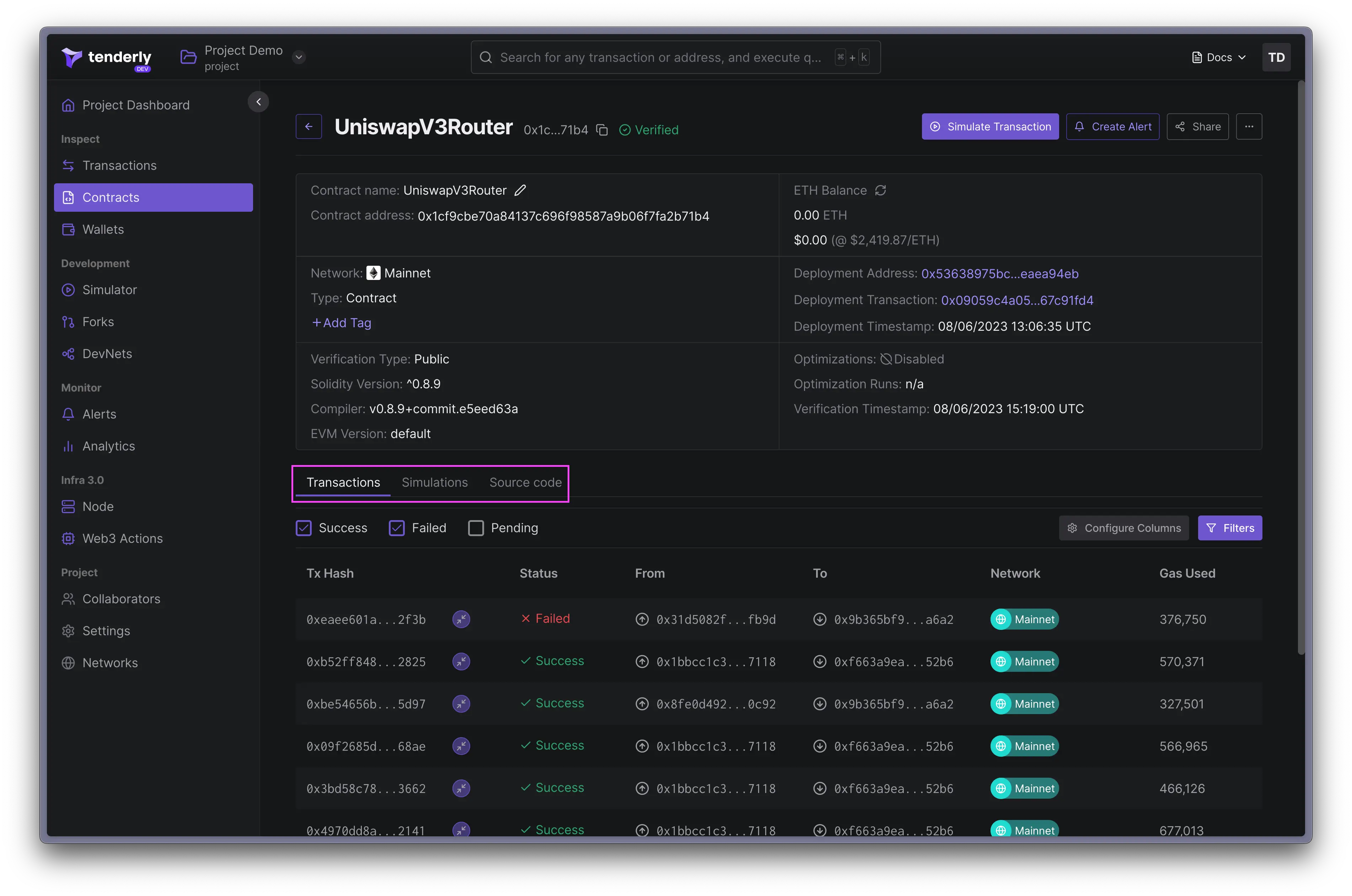 Tenderly Debugger interface