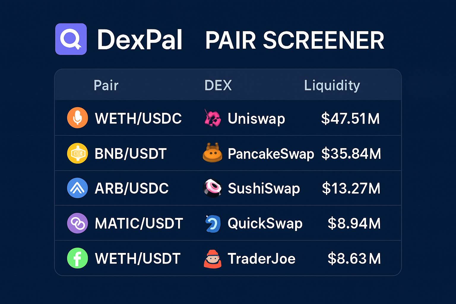 DexPal pair screener assets DEXs