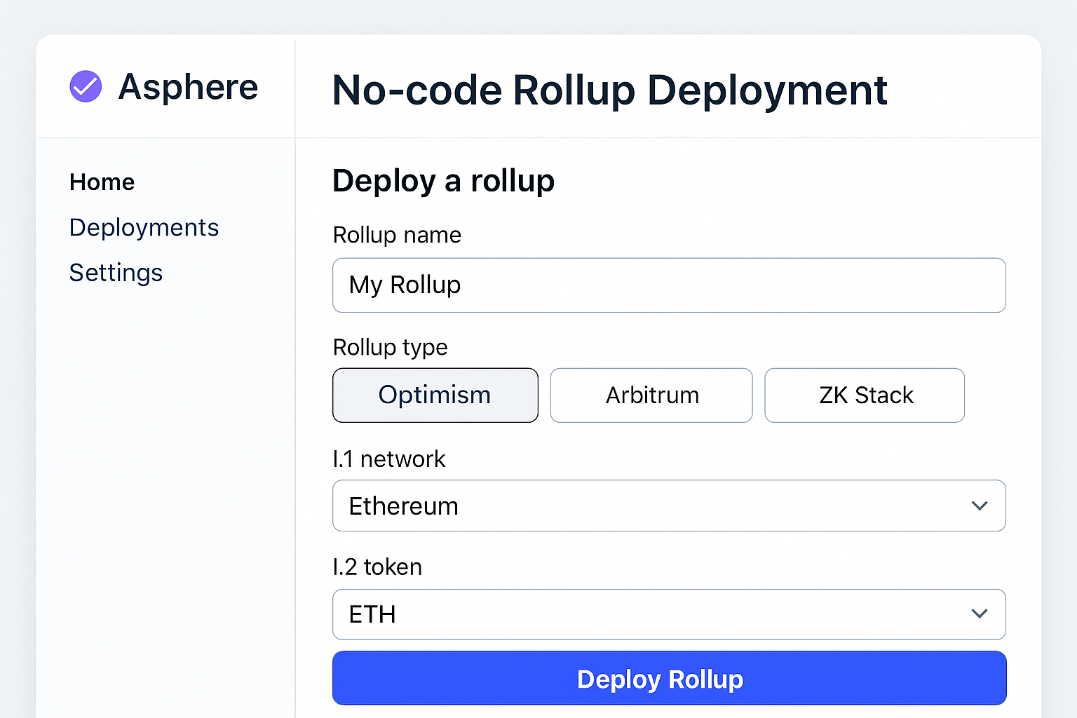 Asphere no-code rollup deployment interface