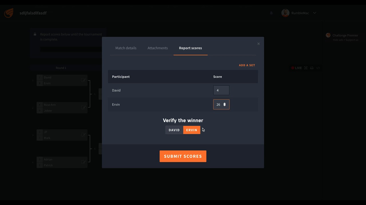 Challonge tournament bracket interface screenshot