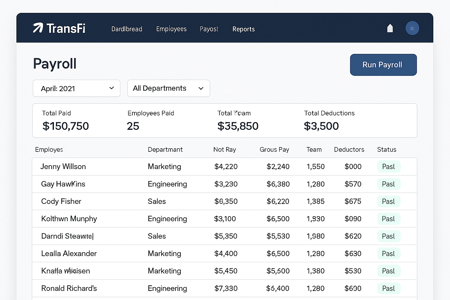 TransFi payroll dashboard interface