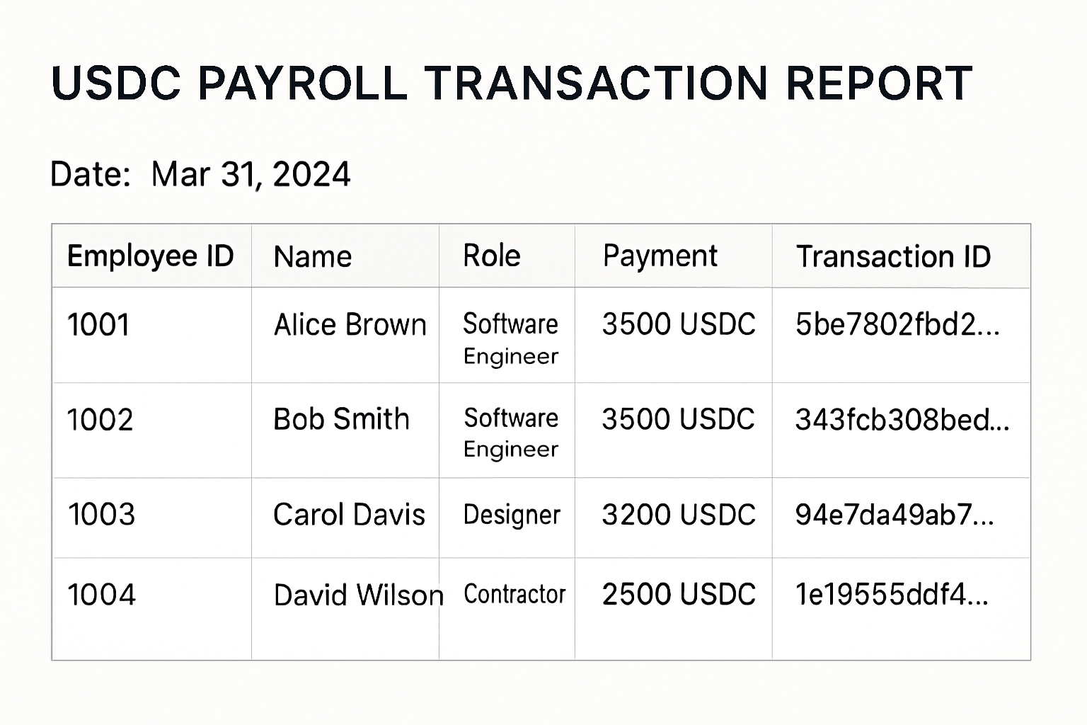 USDC payroll transaction report screenshot
