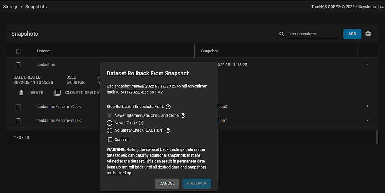 Snapshot space configuration screen