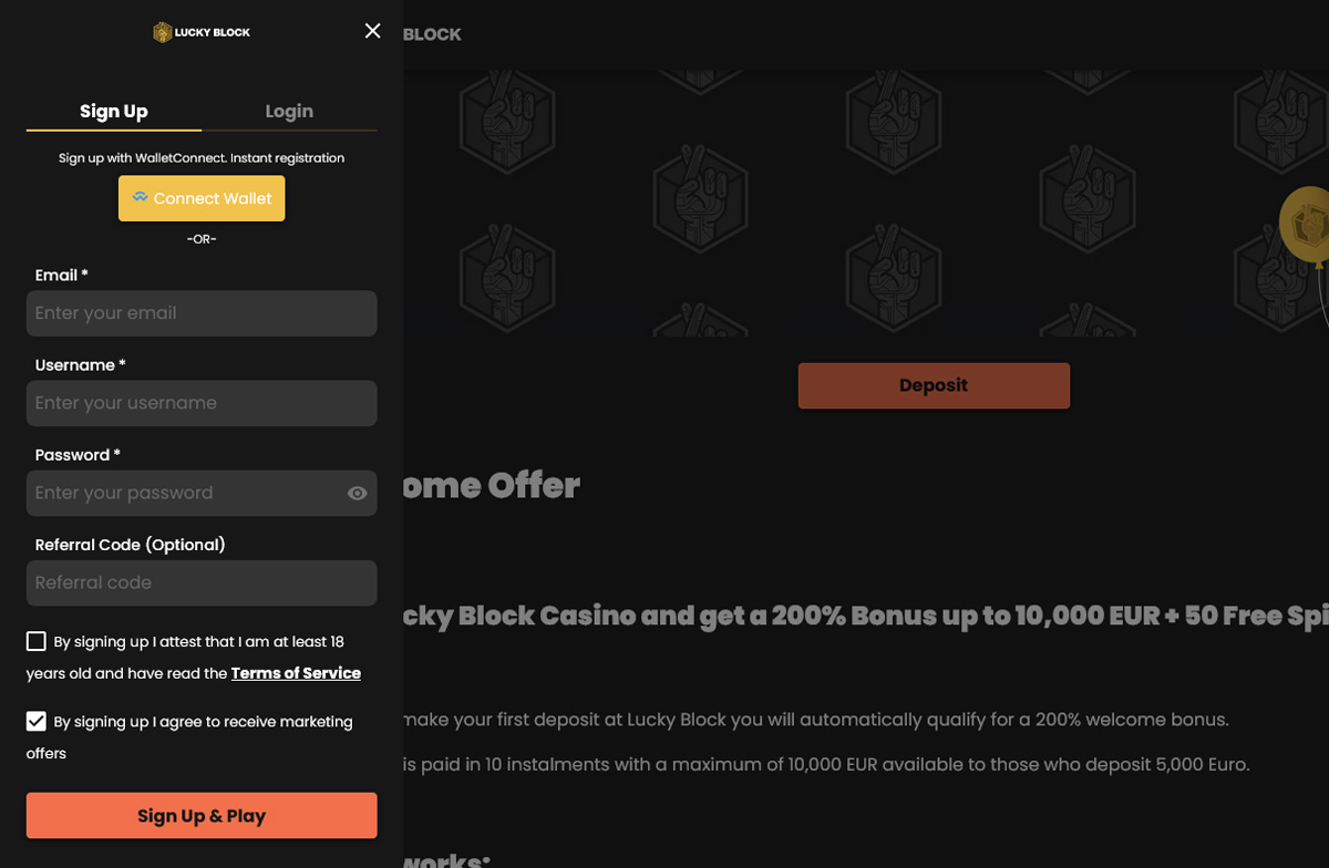 LuckyBlock crypto casino sportsbook screenshot